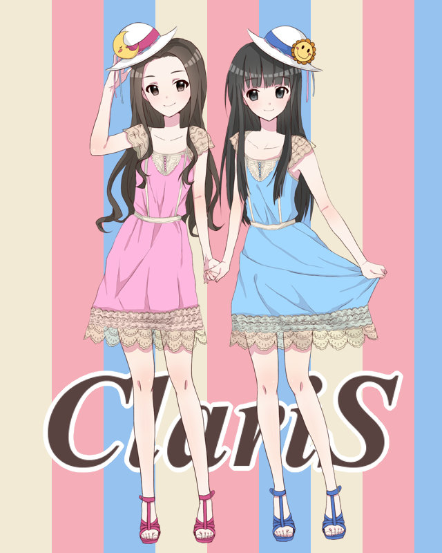 2girls, alice_(claris), bad_id, bad_pixiv_id, black_hair, blue_eyes, brown_eyes, character_name