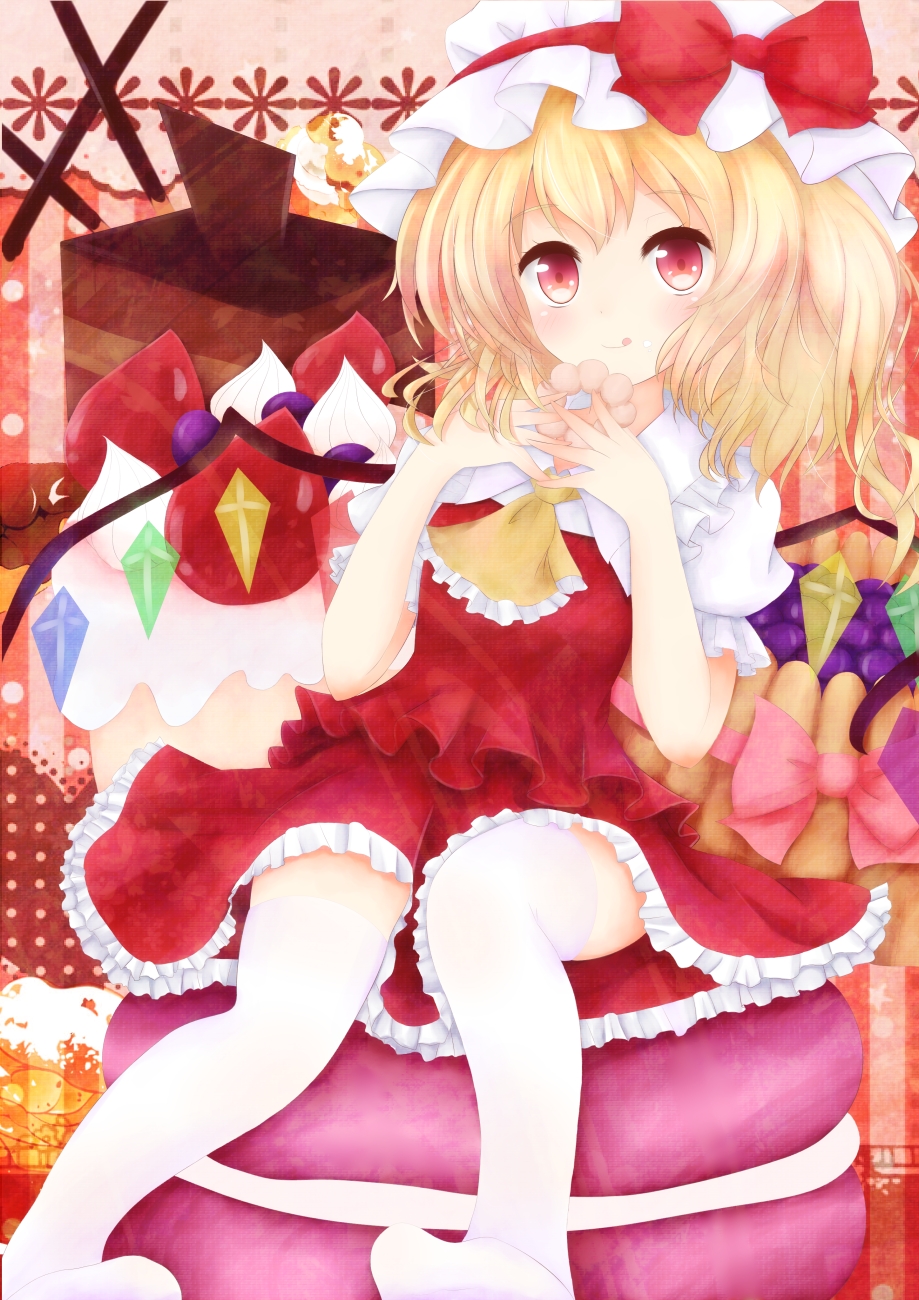 1girl, :d, ascot, blonde_hair, blush, bow, cake, donut, female_focus, flandre_scarlet, food, hat, hat_bow, highres, no_shoes, open_mouth, oversized_object, pocky, red_eyes, short_hair, side_ponytail, sitting, skirt, skirt_set, smile, solo, sweets, thighhighs, touhou, uduki, white_thighhighs, wings