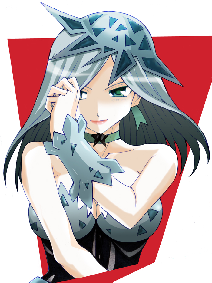 1990s_(style), 1girl, bare_shoulders, bishoujo_senshi_sailor_moon, bishoujo_senshi_sailor_moon_s, choker, covering_one_eye, female_focus, gorigori222, green_eyes, hat, retro_artstyle, silver_hair, solo, upper_body, viluy_(sailor_moon)