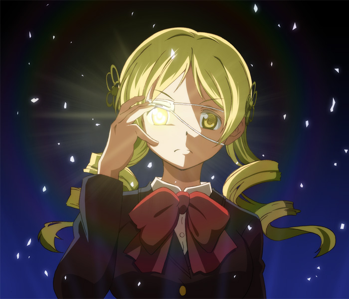 10s, 1girl, blonde_hair, bow, chuunibyou_demo_koi_ga_shitai!, cosplay, drill_hair, eyepatch