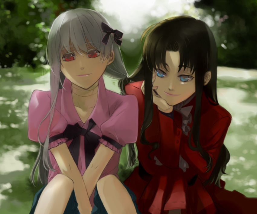 2girls, alternate_costume, bad_id, bad_pixiv_id, black_hair, blue_eyes, dark_sakura, fate/stay_night