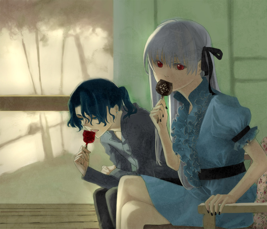 1boy, 1girl, bad_id, bad_pixiv_id, blue_eyes, blue_hair, brother_and_sister, candy