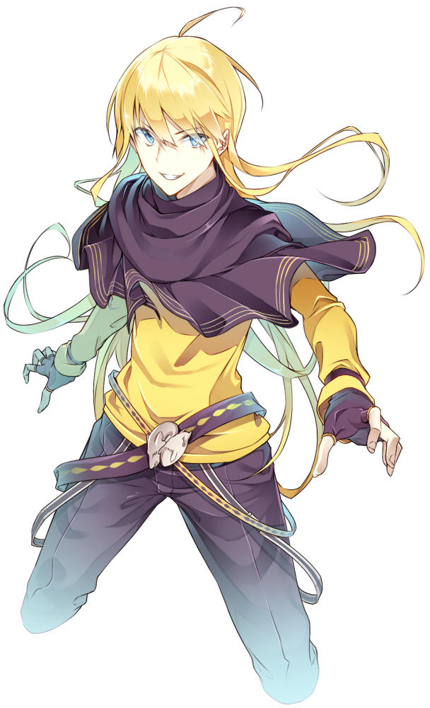 1boy, ahoge, androgynous, blonde_hair, blouse, blue_eyes, cropped_legs, fingerless_gloves