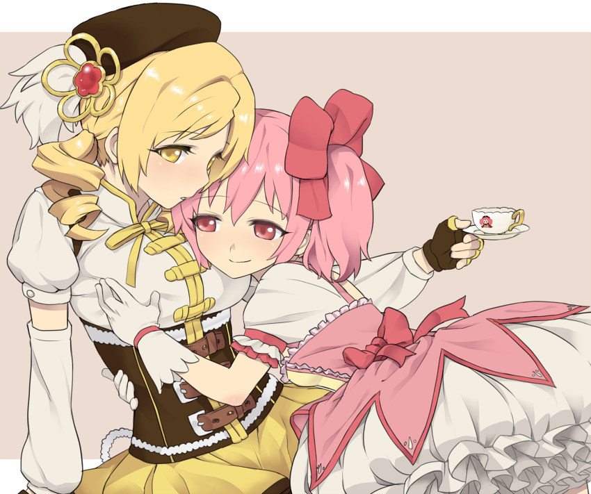 10s, 2girls, bad_id, bad_pixiv_id, beret, blonde_hair, blush, breasts, bubble_skirt, charlotte_(madoka_magica), corset, cup, detached_sleeves, fingerless_gloves, frills, gloves, grabbing_another's_breast, groping, hair_ornament, hair_ribbon, hat, hisakawa_riho, kaname_madoka, kaname_madoka_(magical_girl), large_breasts, magical_girl, mahou_shoujo_madoka_magica, mahou_shoujo_madoka_magica_(anime), multiple_girls, pink_eyes, pink_hair, pleated_skirt, ribbon, short_twintails, skirt, smile, teacup, tomoe_mami, tomoe_mami_(magical_girl), twintails, yellow_eyes, yuri