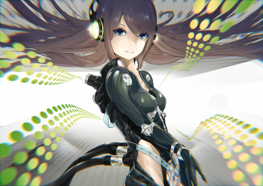 1girl, bodysuit, breasts, brown_hair, cable, female_focus, foald11, green_eyes, headphones, long_hair, motion_blur, original, smile, solo