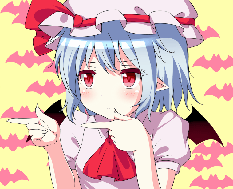 10s, 1girl, animated, animated_gif, bat_wings, blue_hair, blush, chuunibyou_demo_koi_ga_shitai!, fang, female_focus, hat, hat_ribbon, kaiser2050101, parody, pointy_ears, remilia_scarlet, ribbon, short_hair, solo, sparkling_daydream, touhou, upper_body, wings