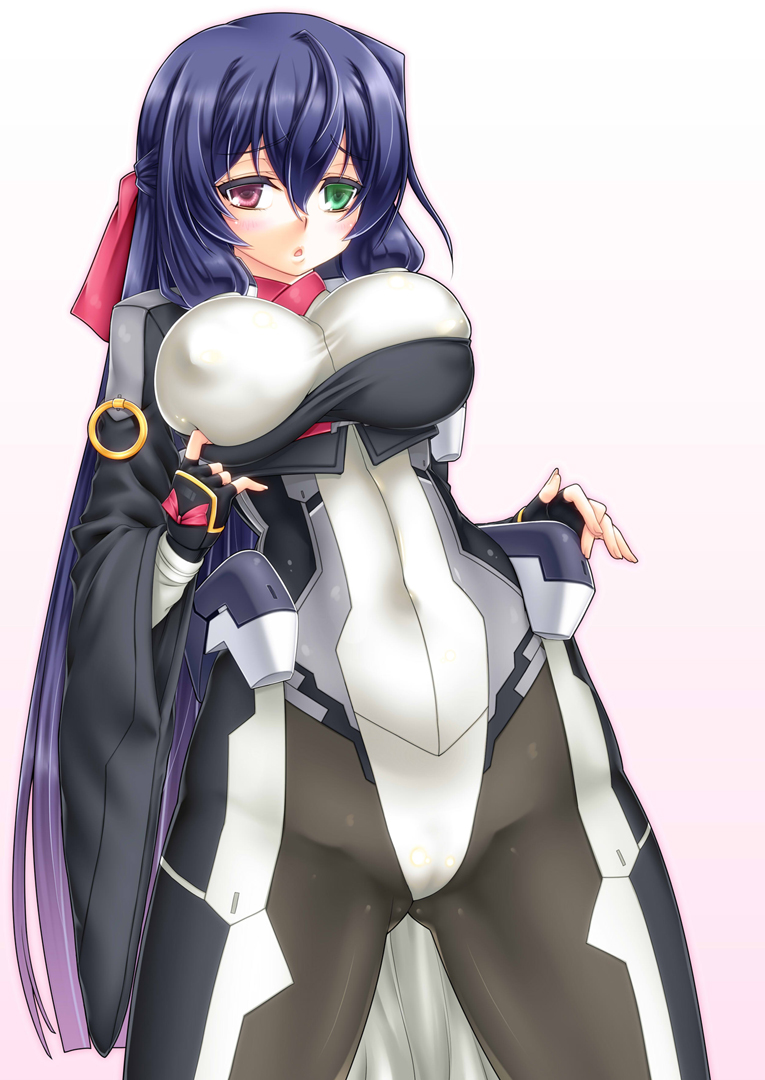 1girl, asama_tomo, blue_hair, blush, bodysuit, bodysuit_pull, breasts, female_focus