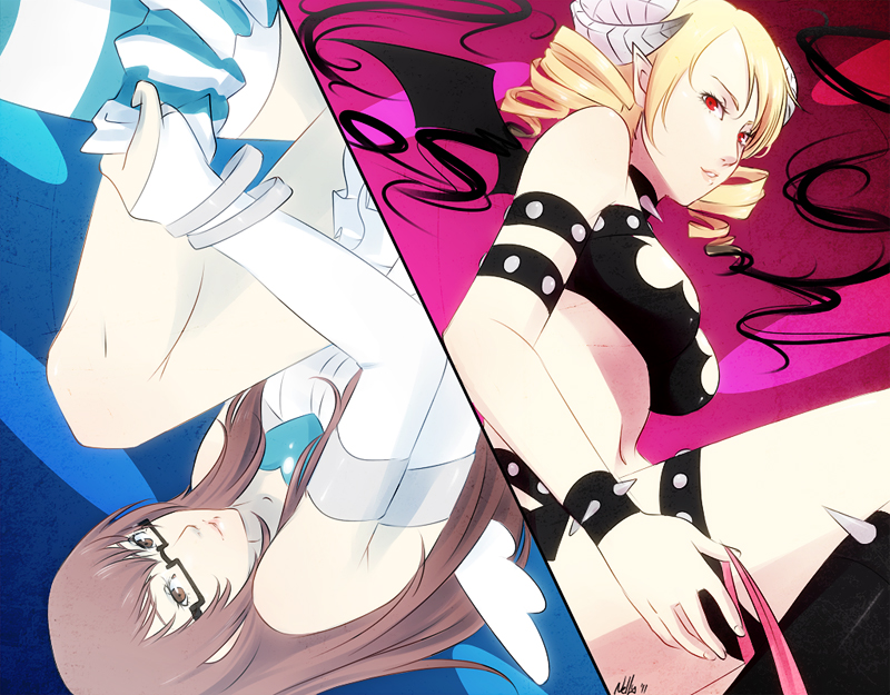 2girls, angel_wings, atlus, bat_wings, blonde_hair, bracelet, brown_hair, catherine_(atlus_character)