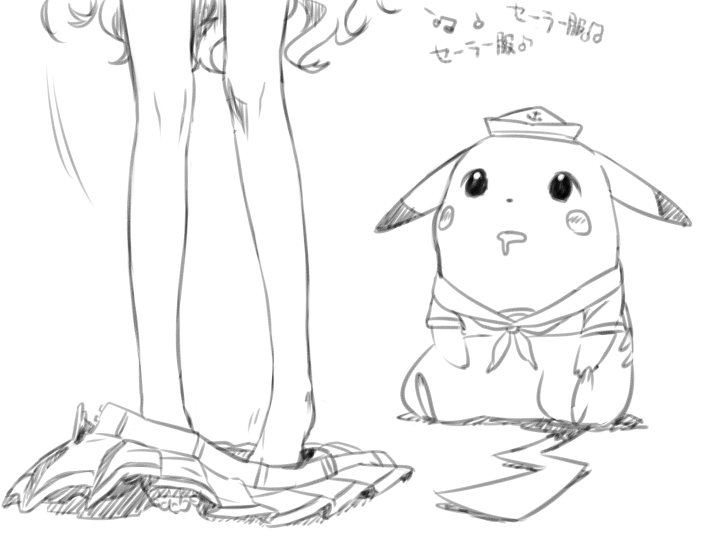 1girl, bad_id, bad_pixiv_id, drooling, gen_1_pokemon, greyscale, irei_eri, long_hair, monochrome, nintendo, pikachu, pokemon, pokemon_(creature), simple_background, skirt, unworn_skirt, very_long_hair, white_background, yellow_(pokemon)