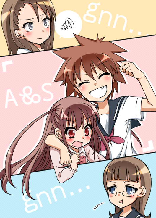 10s, 4girls, arm_around_neck, atarashi_ako, bad_id, bad_pixiv_id, blue_eyes, blush