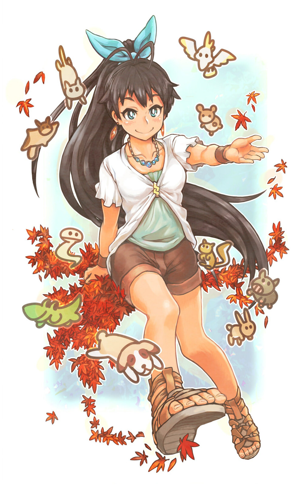 1girl, animal, antenna_hair, aqua_eyes, bird, black_hair, rabbit, casual, cat, crocodilian, cross-laced_footwear, dog, earrings, feet, flying_squirrel, foot_focus, ganaha_hibiki, go-gyan-sun, hair_ribbon, hamster, highres, idolmaster, idolmaster_(classic), jewelry, leaf, long_hair, namco, outstretched_hand, pig, ponytail, ribbon, sandals, smile, snake, squirrel, toes, very_long_hair