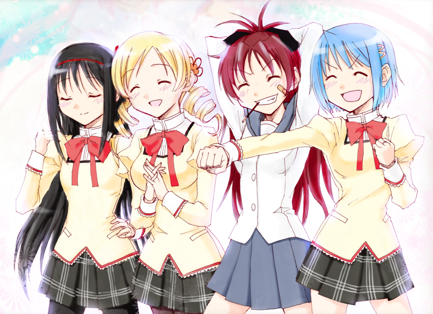 10s, 4girls, akemi_homura, arms_up, bandages, blush, closed_eyes, drill_hair