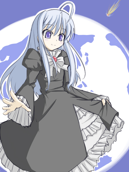 00s, 1girl, ahoge, anzelotte, bad_id, bad_pixiv_id, brooch, cowboy_shot, female_focus, frills, gem, jewelry, long_hair, long_sleeves, night_wizard, nin_(raven28), purple_eyes, silver_hair, sk_(artist), solo, spread_fingers, standing, very_long_hair