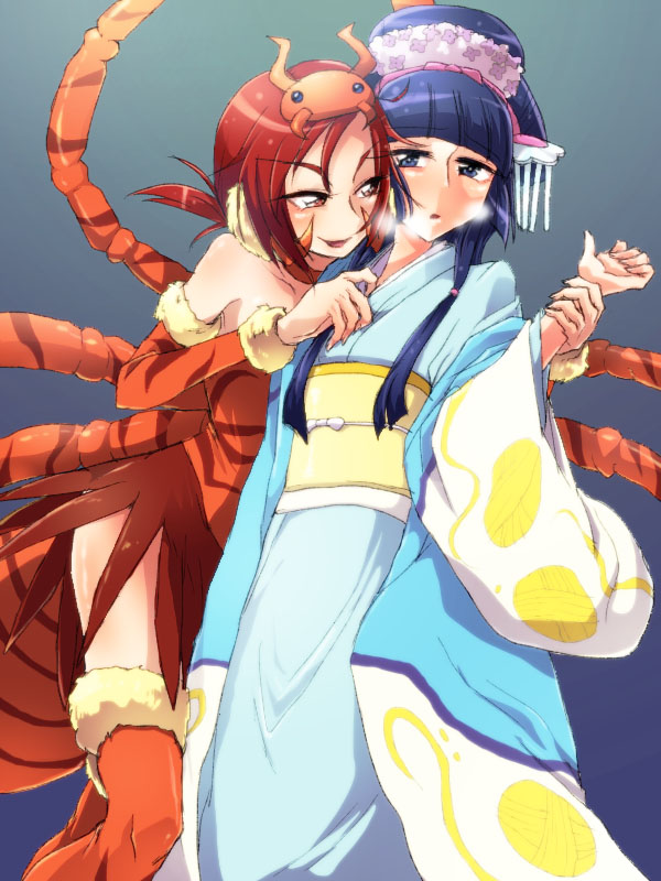 10s, 2girls, alternate_hairstyle, animal_costume, aoki_reika, bad_id, bad_pixiv_id, bare_shoulders, blue_eyes, blue_hair, breath, bug, headdress, hino_akane_(precure), holding_another's_wrist, japanese_clothes, kanko_(lil), kimono, multiple_girls, ponytail, precure, red_eyes, red_hair, smile_precure!, spider, yuri