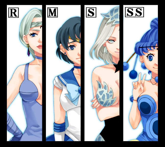 1990s_(style), 4girls, bad_id, bad_pixiv_id, bare_shoulders, beruche_(sailor_moon), bishoujo_senshi_sailor_moon, bishoujo_senshi_sailor_moon_r, bishoujo_senshi_sailor_moon_s, bishoujo_senshi_sailor_moon_supers, blue_eyes, blue_hair, blue_sailor_collar, blue_skirt, border, bow, braid, braided_bangs, breast_rest, breasts, choker, color_connection, column_lineup, crescent, crescent_facial_mark, crossed_arms, earrings, expressionless, facial_mark, gloves, hair_bun, jewelry, kitashiba, leotard, magical_girl, medium_breasts, mizuno_ami, multiple_girls, pallapalla_(sailor_moon), retro_artstyle, ribbon, sailor_collar, sailor_mercury, short_hair, single_hair_bun, skirt, smile, tiara, v, viluy_(sailor_moon), white_background, white_hair