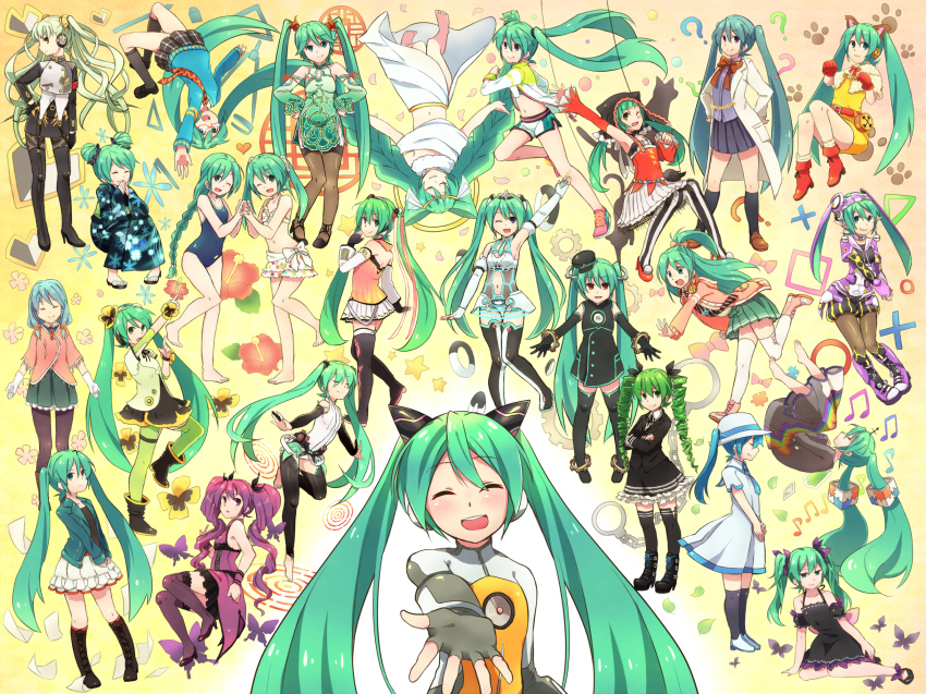6+girls, acute_(vocaloid), agitation_(module), animal_ears, aqua_eyes, aqua_hair, bikini, blue_eyes, blue_hair, boots, cat_ears, cat_food_(vocaloid), china_dress, chinese_clothes, dark_angel_(module), dou_iu_koto_nano!?_(vocaloid), dress, drill_hair, e?_aa_sou._(vocaloid), female_focus, freely_tomorrow_(vocaloid), goodsmile_company, goodsmile_racing, green_eyes, green_hair, hat, hatsune_miku, hatsune_miku_(agitation), hatsune_miku_(append), hatsune_miku_(dark_angel), hatsune_miku_(deep_sky), hatsune_miku_(factory_tyrant), hatsune_miku_(fonewearl_style), hatsune_miku_(heartbeat), hatsune_miku_(hello_good_night), hatsune_miku_(holy_goddess), hatsune_miku_(innocent), hatsune_miku_(kitty_cape), hatsune_miku_(lab_girl), hatsune_miku_(memoria), hatsune_miku_(pansy), hatsune_miku_(pierretta), hatsune_miku_(polka_dot_bikini), hatsune_miku_(ribbon_girl), hatsune_miku_(solitude), hatsune_miku_(star_voice), hatsune_miku_(suigyoku), hatsune_miku_(summer_memories), hatsune_miku_(violet_butterfly), hatsune_miku_(yukata_style), highres, himitsu_keisatsu_(vocaloid), japanese_clothes, kamikyoku_(vocaloid), kimono, lab_coat, long_hair, monochro_blue_sky_(vocaloid), multiple_girls, necktie, negapoji_continues_(vocaloid), netoge_haijin_sprechchor_(vocaloid), nyanyanyanyanyanyanya!_(vocaloid), odds_&amp;_ends_(vocaloid), pantyhose, phantasy_star, phantasy_star_online_2, project_diva_(series), project_diva_f, purple_eyes, purple_hair, race_queen, racing_miku, racing_miku_(2012), red_eyes, reki_(arequa), ribbon, sadistic_music_factory_(vocaloid), shoes, shorts, skirt, songover, summer_idol_(vocaloid), swimsuit, thigh_boots, thighhighs, time_machine_(vocaloid), torinoko_city_(vocaloid), twintails, unhappy_refrain_(vocaloid), very_long_hair, vocaloid, vocaloid_append, weekender_girl_(vocaloid), wiola_magica, world's_end_dancehall_(vocaloid), world's_end_umbrella_(vocaloid), yellow_eyes, yukata