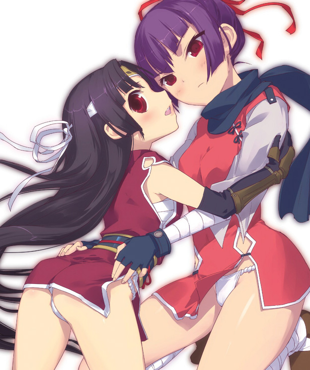 2girls, age_difference, ass, black_hair, blush, elbow_gloves, fingerless_gloves, fundoshi