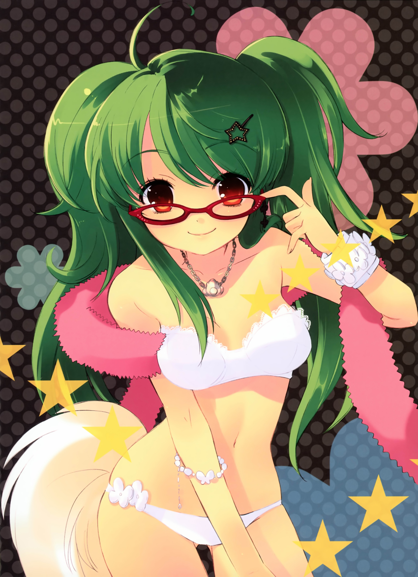 00s, 1girl, absurdres, bikini, bracelet, female_focus, glasses, green_hair, hair_ornament, highres, inukami!, ito_noizi, jewelry, necklace, polka_dot, red_eyes, solo, star_(symbol), swimsuit, tail, white_bikini, youko_(inukami)