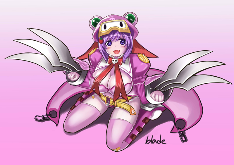 1girl, belt, blush, breasts, claws, fang, female_focus, food, fruit, gloves, gradient_background, looking_at_viewer, maron_macaron, open_mouth, pink_background, pink_gloves, purple_eyes, purple_hair, qblade, queen's_blade, queen's_gate, smile, solo, strawberry