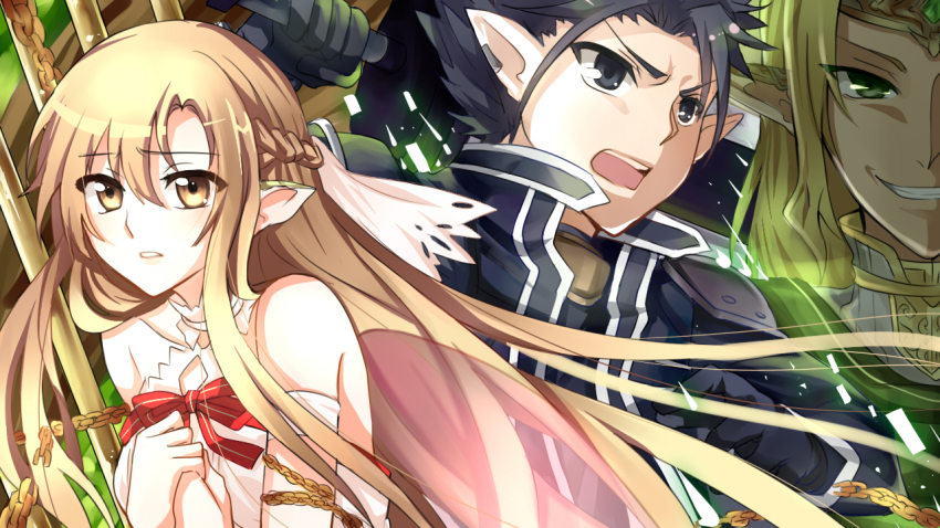 10s, 1girl, 2boys, alfheim_online, asuna_(sao), elf, kirito, kirito_(sao-alo)