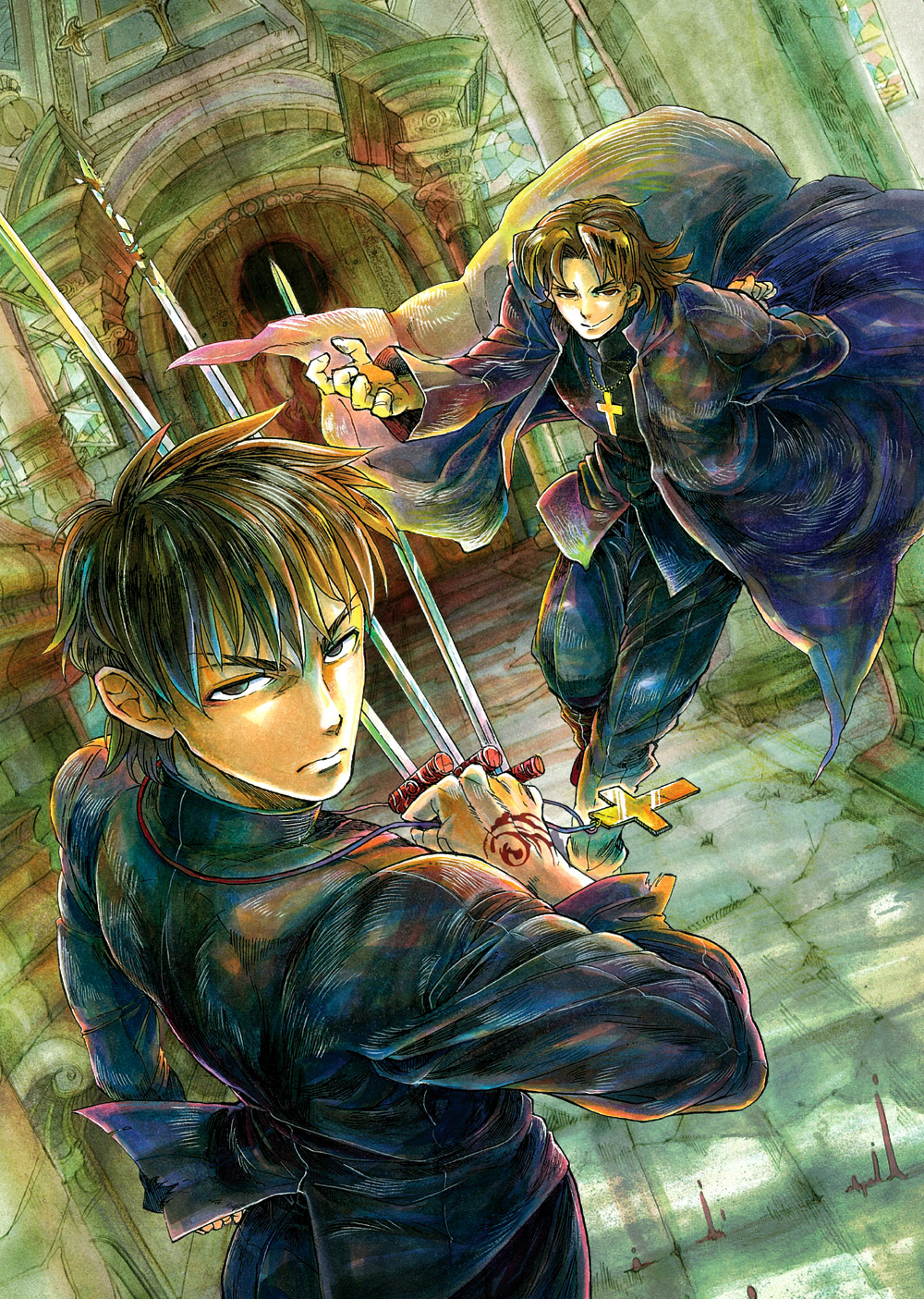 2boys, aged_down, between_fingers, black_keys_(type-moon), brown_eyes, brown_hair, cassock, command_spell