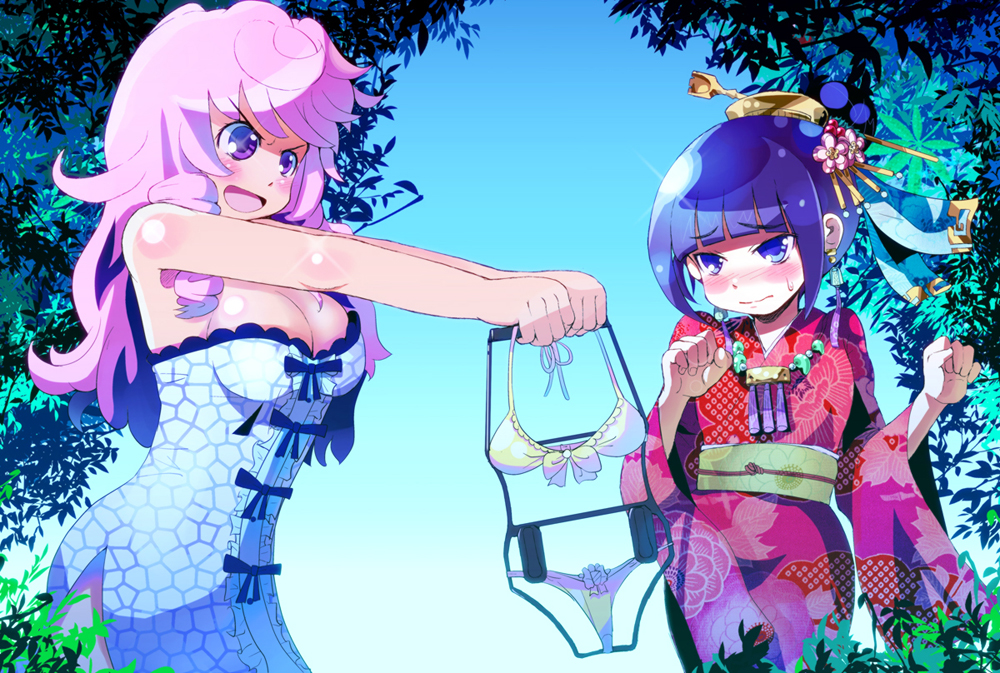 2girls, atlus, bikini, blue_eyes, blue_hair, clothes, long_hair, missy_(sekaiju)