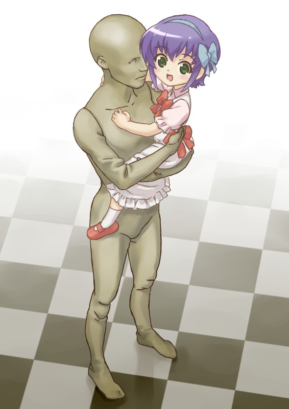 00s, 1boy, 1girl, bad_id, bad_pixiv_id, bald, blue_eyes, checkered_floor, child, dress, from_above, looking_at_viewer, looking_up, night_wizard, nude, om_(nk2007), puffy_short_sleeves, puffy_sleeves, purple_eyes, shiho_elis, short_hair, short_sleeves, size_difference, standing, white_dress