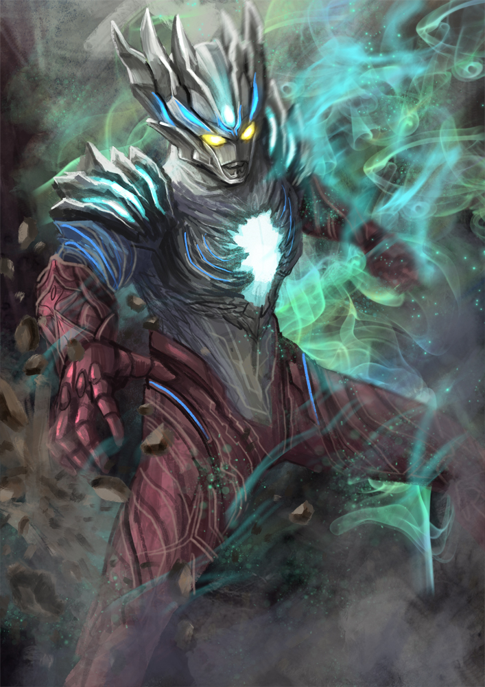 1boy, bad_id, bad_pixiv_id, debris, glowing, glowing_eyes, kacyu, male_focus, rock, solo, ultra_galaxy_(series), ultra_series, ultraman_saga, ultraman_saga_(movie)