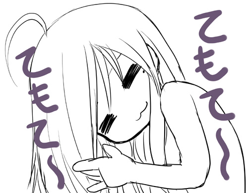 00s, 1girl, ahoge, female_focus, izumi_konata, kiira, lowres, lucky_star, mole, mole_under_eye, monochrome, purple_theme, solo, timotei, translated