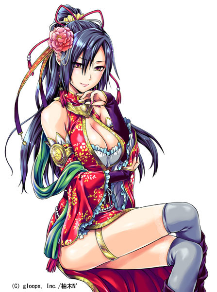 1girl, blue_hair, blue_thighhighs, blush, breasts, bridal_gauntlets, character_request, cleavage