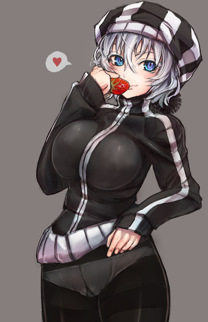 1girl, black_pantyhose, blue_eyes, blush, breasts, crotch_seam, female_focus, food