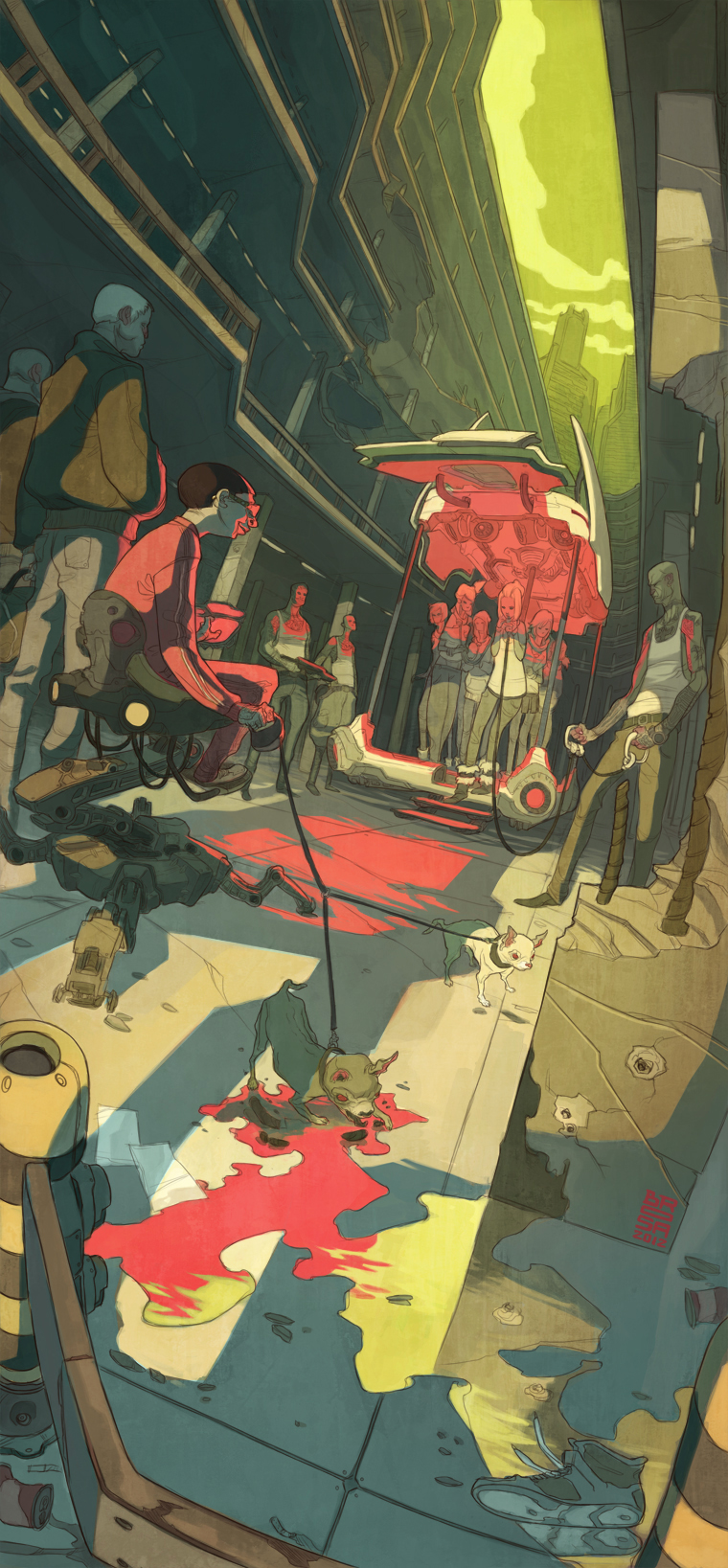 6+boys, 6+girls, baby_animal, brosa, bullet_hole, dog, future, glasses, highres, leash, multiple_boys, multiple_girls, original, poop, puppy, slave, tank_top, watch, weapon, white_hair, wristwatch