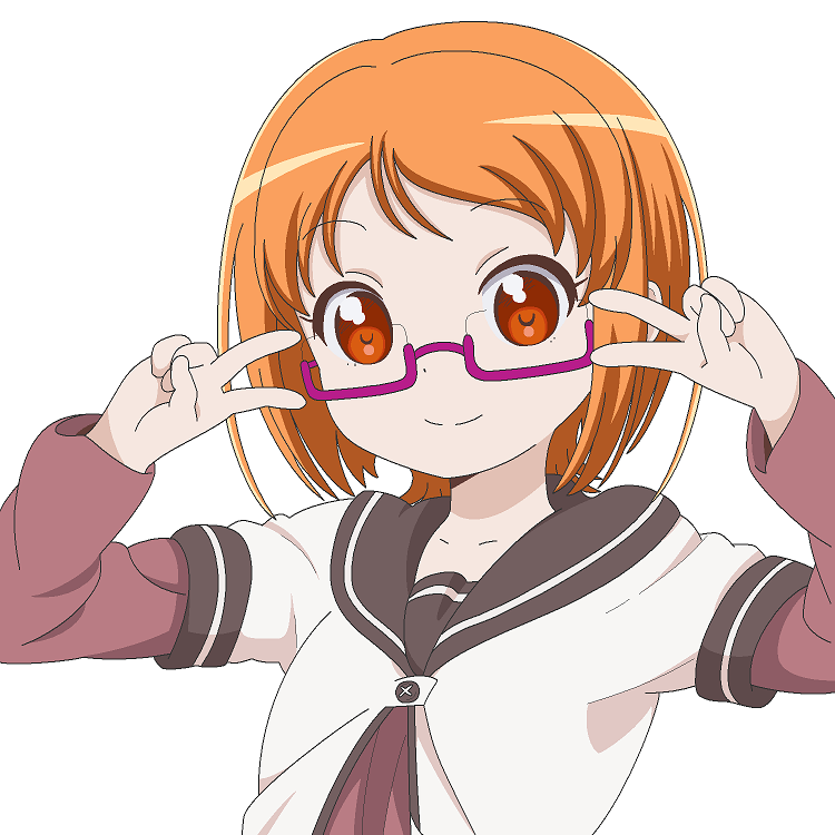 1girl, cosplay, double_v, dress, female_focus, glasses, j9mz23, nanamori_school_uniform, ookubo_rumi, orange_hair, precure, sailor_dress, school_uniform, serafuku, shirabe_ako, short_hair, simple_background, smile, solo, suite_precure, v, voice_actor_connection, white_background, yoshikawa_chinatsu, yoshikawa_chinatsu_(cosplay), yuruyuri