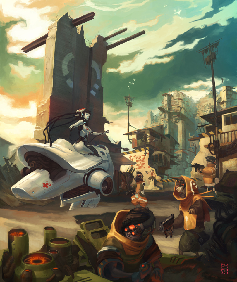 1girl, 6+boys, android, bird, brosa, cannon, cloud, cross