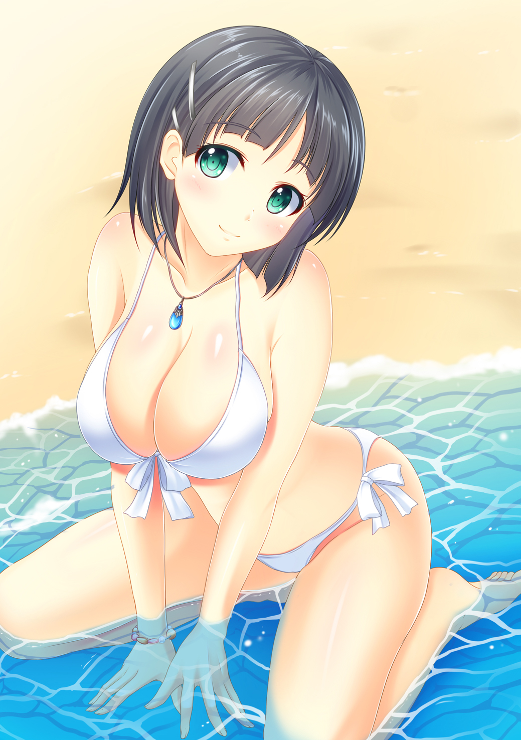 10s, 1girl, arm_support, bad_id, bad_pixiv_id, bikini, black_hair, blush, bracelet, breasts, cleavage, female_focus, front-tie_top, green_eyes, highres, jewelry, kirigaya_suguha, large_breasts, looking_at_viewer, partially_submerged, pasdar, pendant, shiny_skin, short_hair, side-tie_bikini_bottom, sitting, smile, solo, swimsuit, sword_art_online, wariza, water, white_bikini