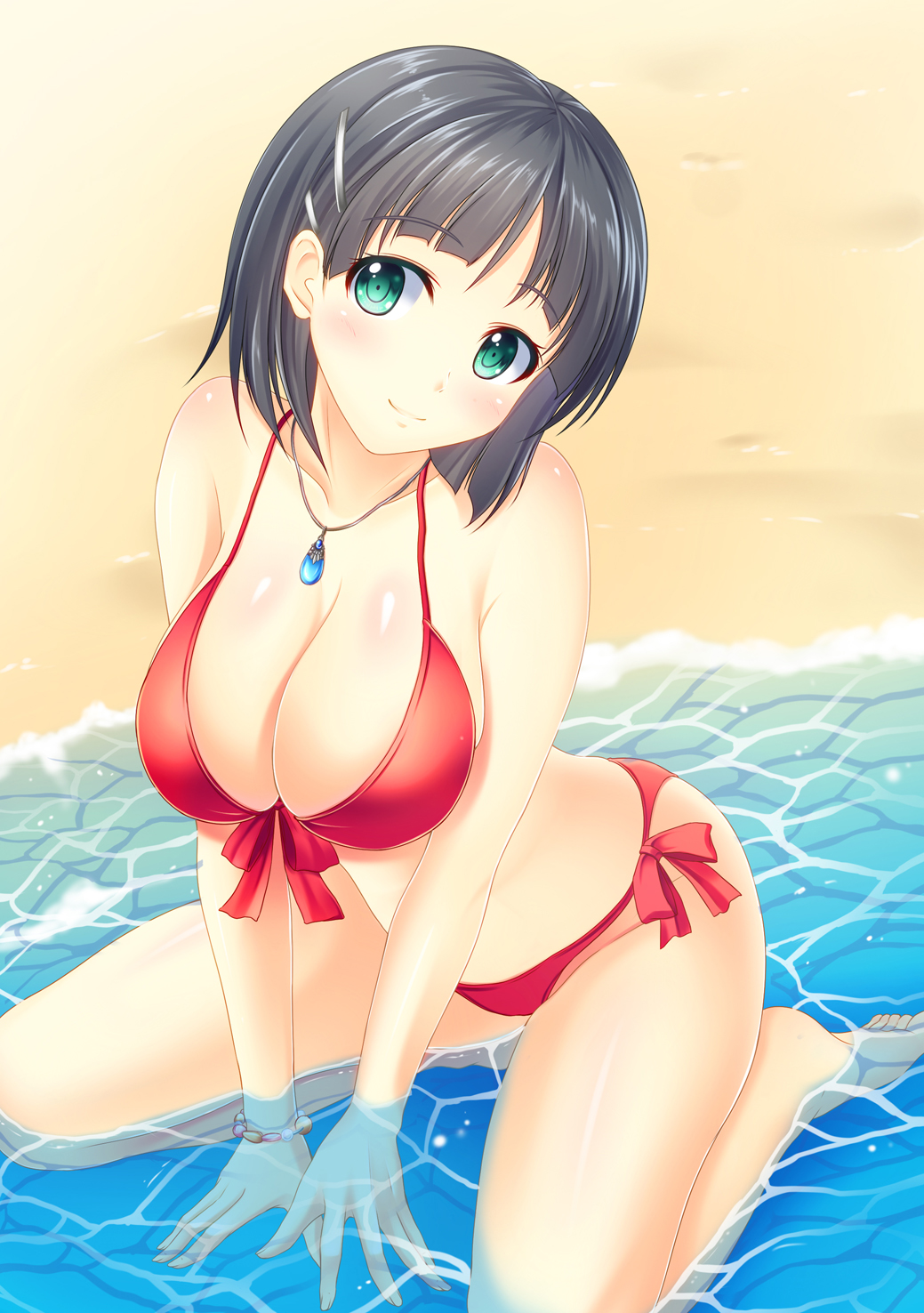 10s, 1girl, arm_support, bad_id, bad_pixiv_id, bikini, black_hair, blush