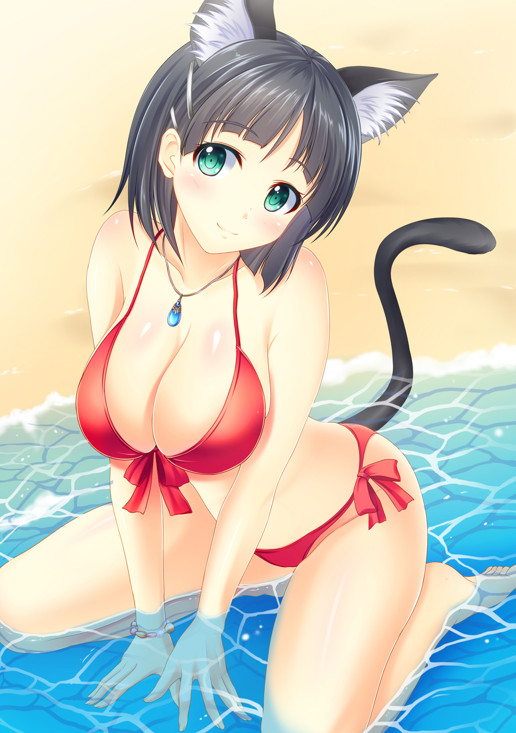 10s, 1girl, animal_ears, arm_support, bad_id, bad_pixiv_id, bikini, black_hair
