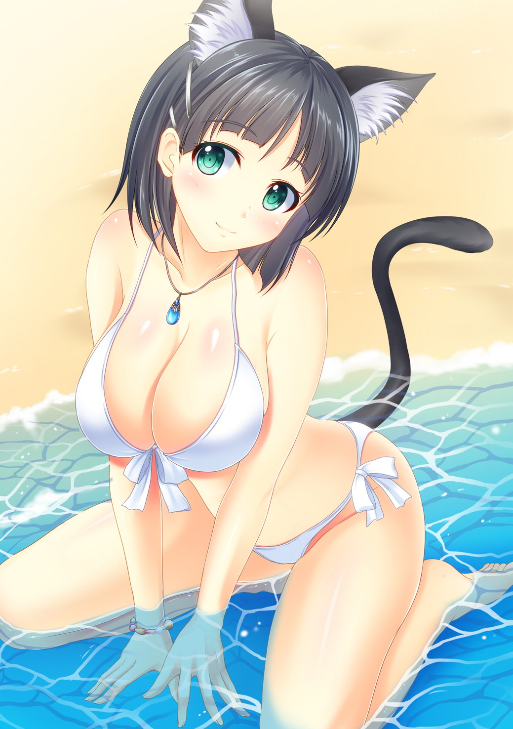 10s, 1girl, animal_ears, arm_support, bad_id, bad_pixiv_id, bikini, black_hair, bracelet, breasts, cat_ears, cat_tail, cleavage, female_focus, front-tie_top, green_eyes, highres, jewelry, kirigaya_suguha, large_breasts, looking_at_viewer, partially_submerged, pasdar, pendant, shiny_skin, short_hair, sitting, smile, solo, swimsuit, sword_art_online, tail, wariza, water, white_bikini