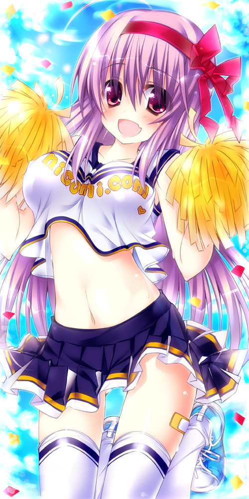 1girl, bandaid, blue_sky, blush, breasts, cheerleader, copyright_name, crop_top