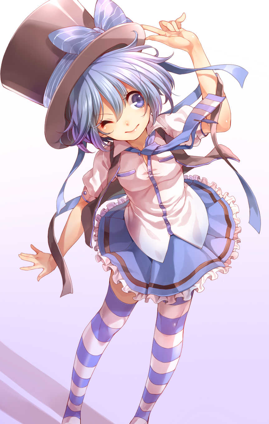 1girl, ;), blue_eyes, blue_hair, female_focus, hamko_(rbb), hat, hat_ribbon