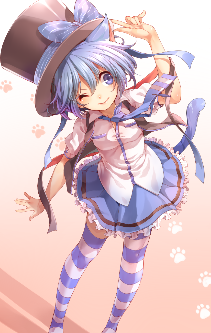 1girl, ;), animal_ears, blue_eyes, blue_hair, cat_ears, cat_tail, female_focus, hamko_(rbb), hat, hat_ribbon, highres, making-of_available, matching_hair/eyes, necktie, one_eye_closed, original, paw_print, rainybluebell, ribbon, rojiko, shirt, short_hair, skirt, smile, solo, striped_clothes, striped_thighhighs, tail, thighhighs, top_hat, wink