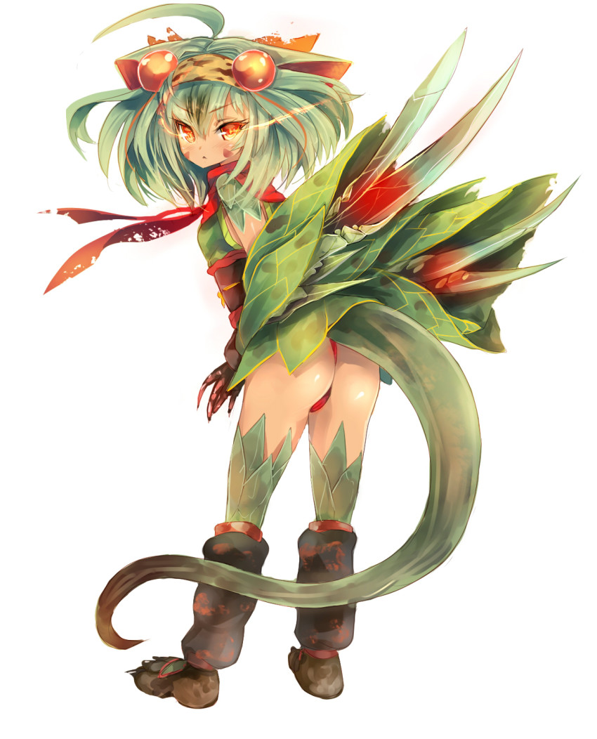 1girl, ahoge, animal_ears, ass, capcom, female_focus, green_hair, green_nargacuga, hairband, highres, looking_back, monster_hunter_(series), panties, personification, red_eyes, red_panties, short_hair, simple_background, solo, spikes, tail, umitsuki, underwear, white_background