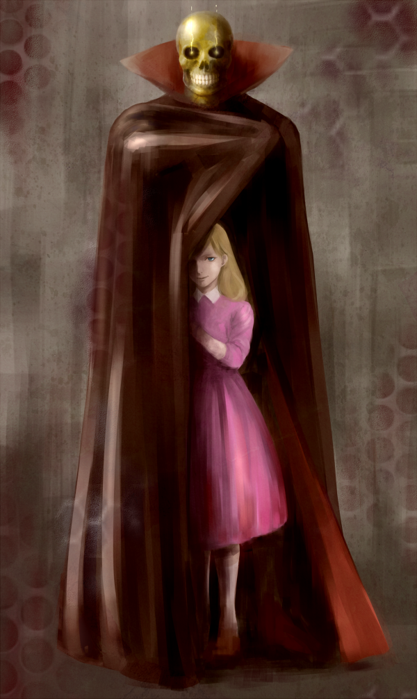 1960s_(style), 1girl, bad_id, bad_pixiv_id, blonde_hair, blue_eyes, cape, crabnebula_(kawauso909), dress, hiding, long_hair, marie_millet, odlschool, retro_artstyle, ougon_bat, ougon_bat_(character), realistic, size_difference, skull