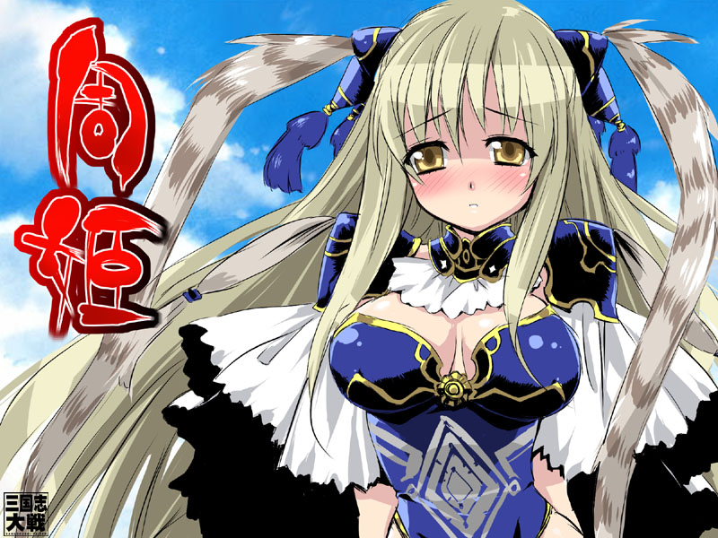 1girl, armor, blush, breasts, cape, choker, cleavage, cloud, day, embarrassed, female_focus, hair_ornament, hotori_(sion), impossible_clothes, large_breasts, leotard, long_hair, outdoors, sangokushi_taisen, shiny_clothes, shuuki, shuuki_(sangokushi_taisen), silver_hair, sky, solo, syuuki, very_long_hair, wind, yellow_eyes