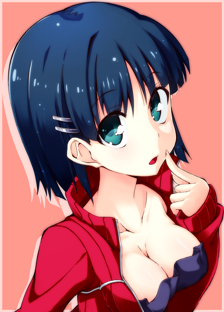 10s, 1girl, aqua_eyes, black_hair, breasts, cleavage, collarbone, female_focus, finger_to_face, finger_to_mouth, hair_ornament, hairclip, highres, jacket, kirigaya_suguha, looking_at_viewer, open_clothes, open_jacket, short_hair, solo, sword_art_online, track_jacket, yuuki._(limit)