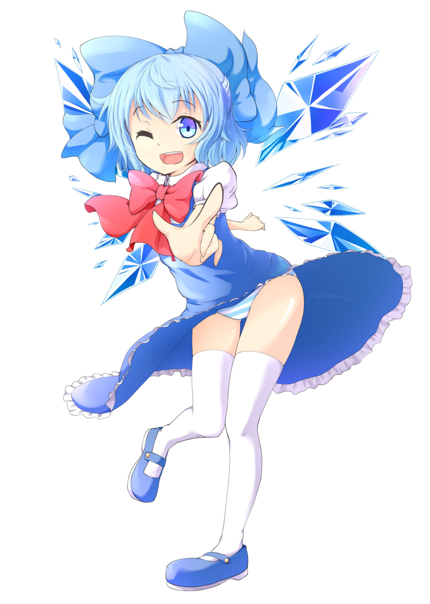 1girl, blue_dress, blue_eyes, blue_hair, bow, cirno, dress, female_focus