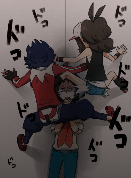 10s, 1girl, 2boys, cheren_(pokemon), cicada_block_(meme), hilda_(pokemon), hugh_(pokemon), kanade_(unchi_knd280), meme, multiple_boys, nintendo, pokemon, pokemon_black_and_white, pokemon_bw2