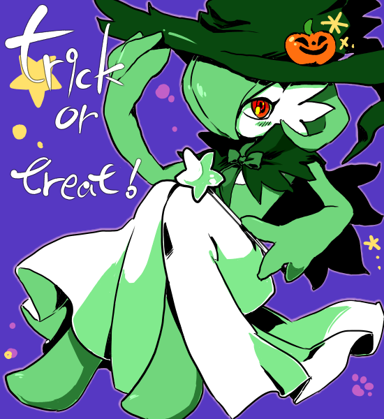 blush, dress, gardevoir, gen_3_pokemon, green_hair, halloween, hat, jack-o'-lantern, kirikase, kirikase123, nintendo, no_humans, pokemon, pokemon_(creature), red_eyes, sitting, solo, trick_or_treat, witch_hat