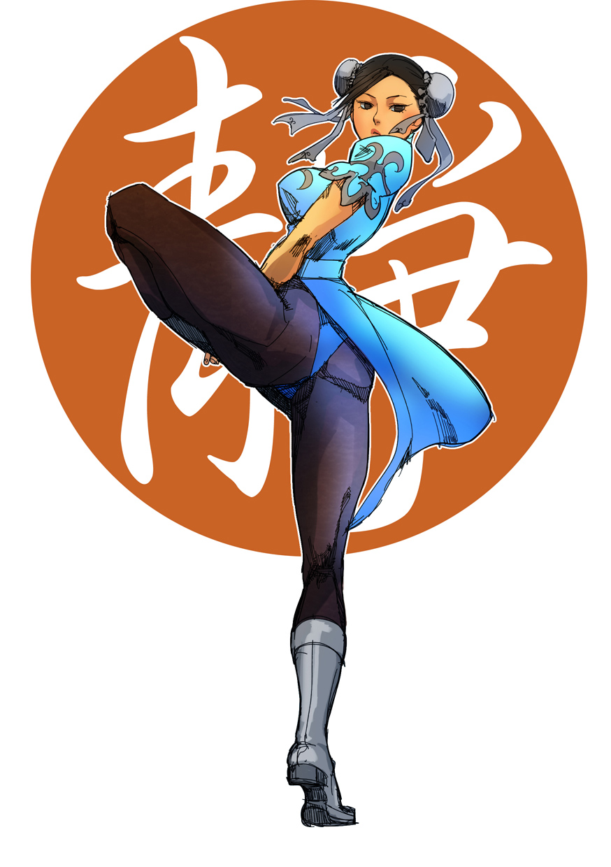 1girl, bluemoooon, boots, brown_eyes, brown_hair, brown_pantyhose, bun_cover, capcom, china_dress, chinese_clothes, chun-li, double_bun, dress, female_focus, hair_bun, highres, pantyhose, pelvic_curtain, solo, standing, standing_on_one_leg, street_fighter