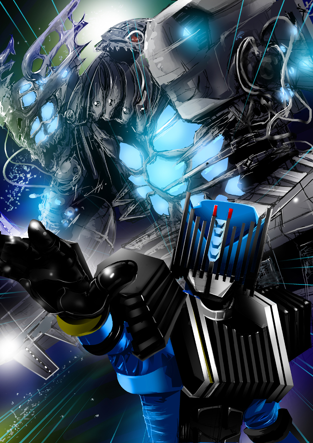 1boy, big_machine_(kamen_rider), glowing, highres, kamen_rider, kamen_rider_dcd, kamen_rider_diend, mask
